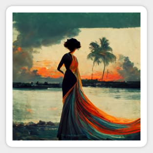 Elegant woman and sunset on Caribbean Sticker
